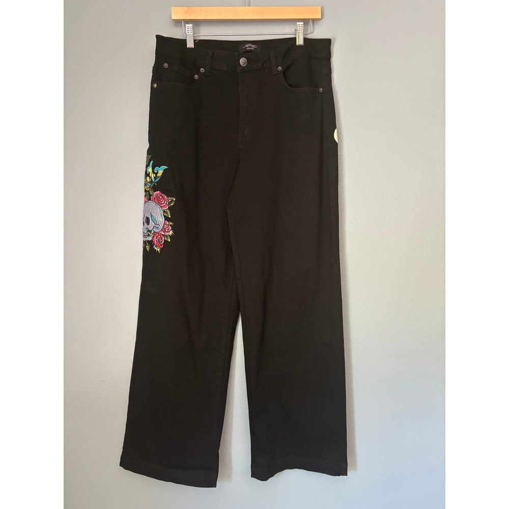 Ed Hardy Mens Black Denim Embroidered Skull Rose Wide Leg Jeans Y2K Streetwear - Picture 3 of 11